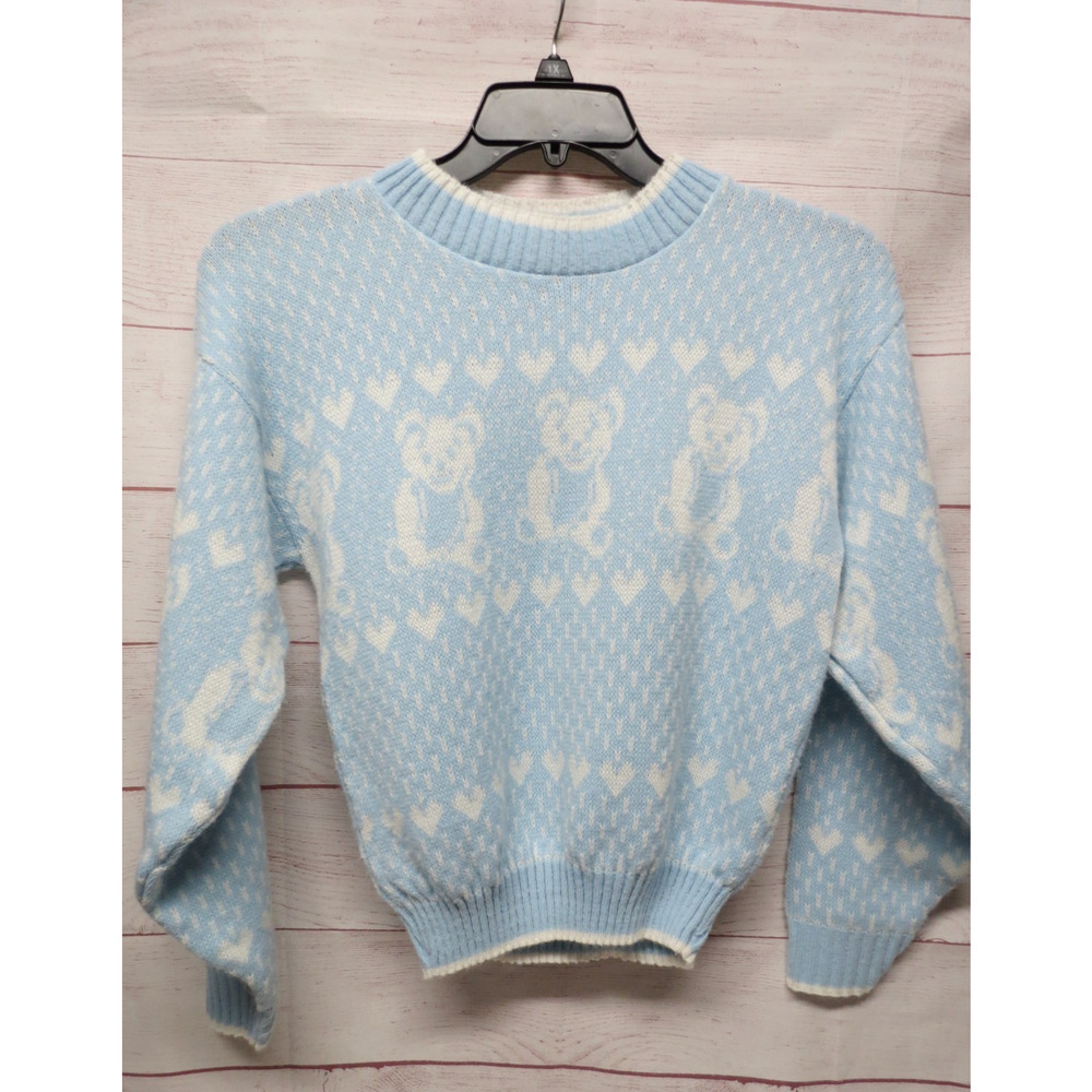 Vintage Chris Ann Light Blue & White Teddy Bear Heart Sweater Size S / M ?
